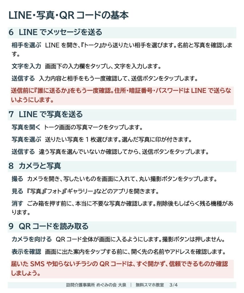 手元資料「LINE・写真・QRコードの基本」のページ